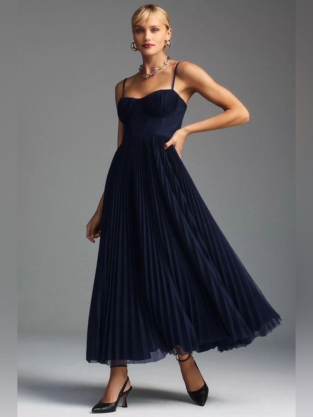 Hutch
Amara Corset Pleated Tulle Fit & Flare Midi Dress